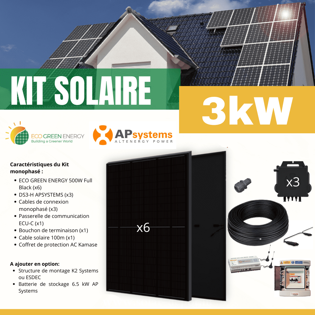 optimisez votre autonomie énergétique avec notre kit solaire 3000w. idéal pour produire de l'électricité verte sans impact sur l'environnement, ce kit complet est conçu pour répondre à vos besoins en énergies renouvelables. facile à installer, il vous permettra de réduire vos factures et de profiter d'une source d'énergie durable.