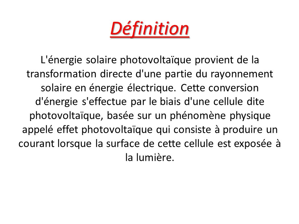 découvrez la définition du photovoltaïque, une technologie innovante qui transforme la lumière du soleil en énergie électrique. informez-vous sur ses principes de fonctionnement, ses applications et son importance dans la transition énergétique.
